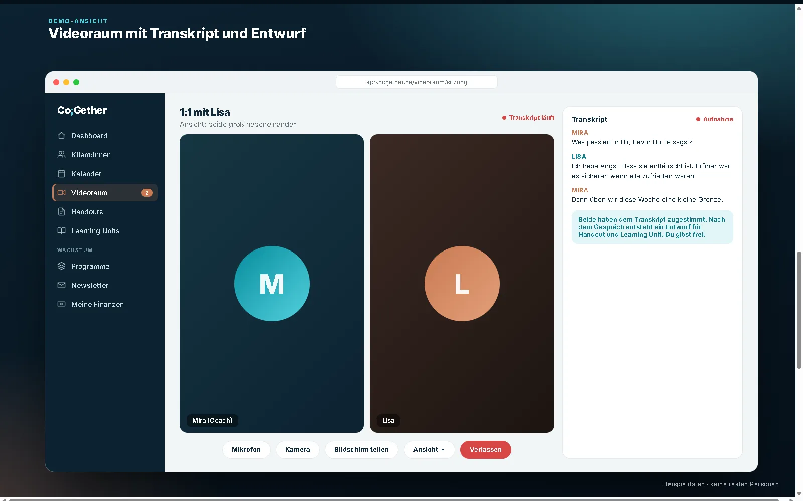 Demo-Ansicht des Videoraums mit Transkript