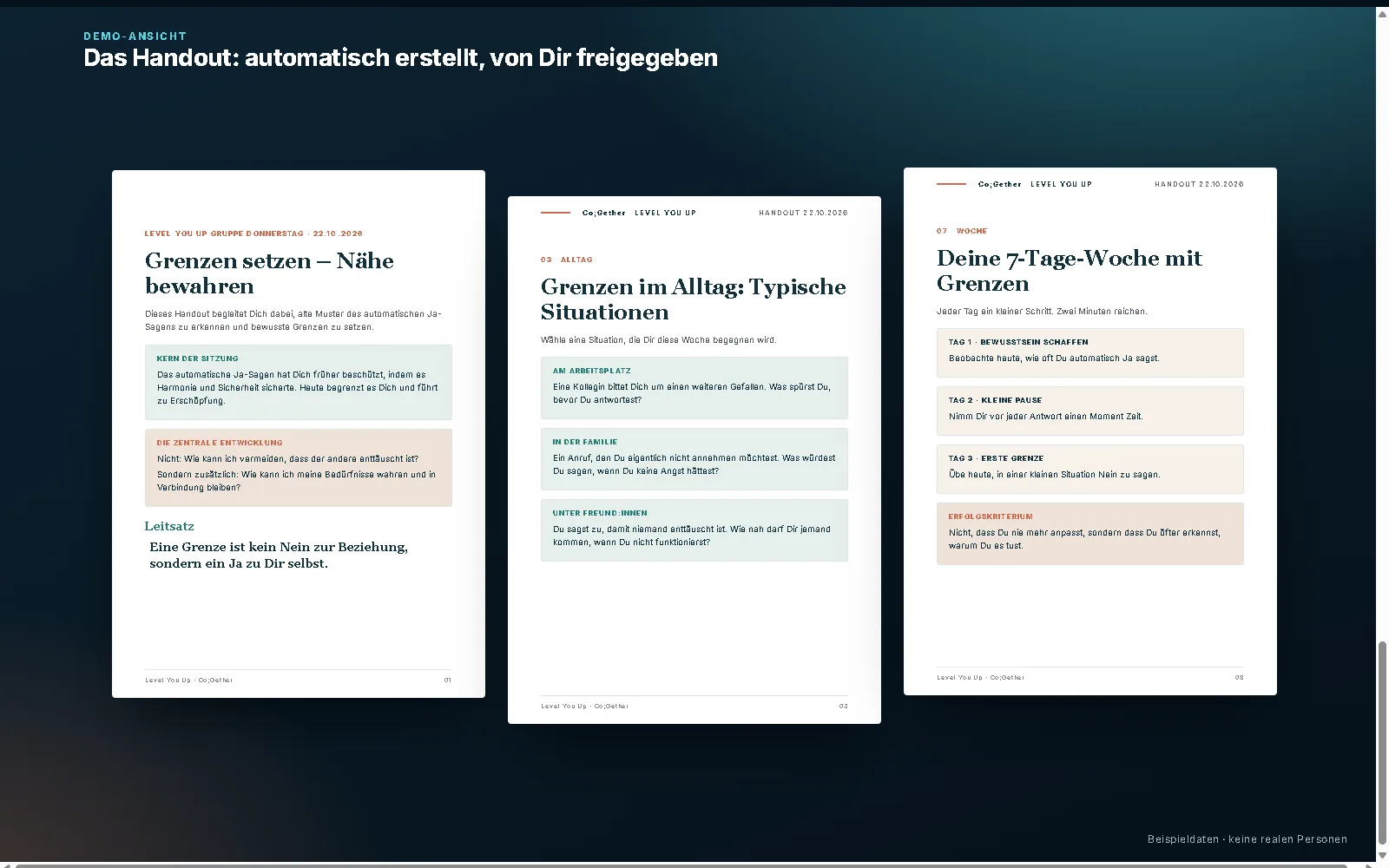Demo-Ansicht eines Handouts mit Kapiteln und Wochenplan